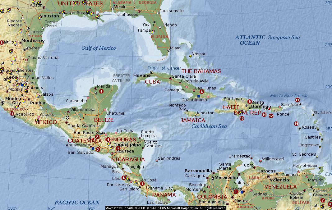 Южная часть архипелага малых антильских островов. Карибское море на карте атласа. Карибское море на физической карте.